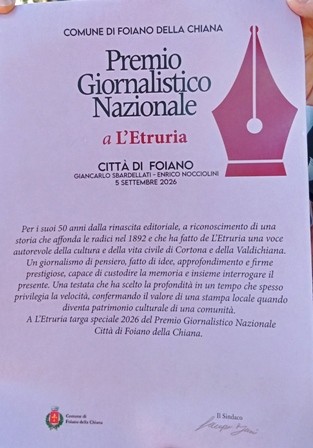 Targa speciale del Premio Giornalistico Città di Foiano a L'Etruria