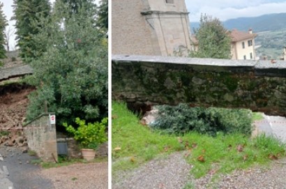 Piccolo crollo del muraglione di accesso alle scuole di Cortona