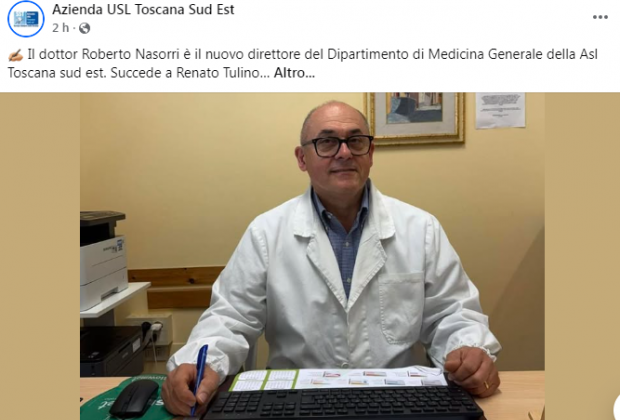 Il terontolese-cortonese dottor Roberto Nasorri nominato Direttore del Dipartimento di Medicina Generale della Asl Toscana Sud Est