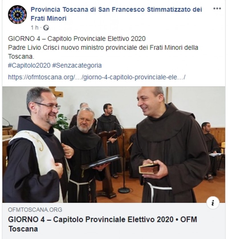 Padre Livio Crisci è il nuovo Ministro  Provinciale dei Frati Minori della Toscana