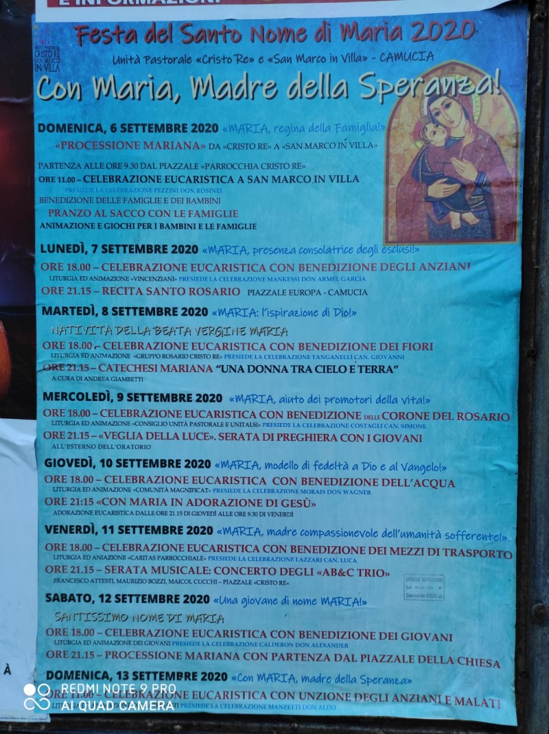 Camucia: il programma della Festa religiosa  del Santo Nome di Maria ( 6-13 settembre)