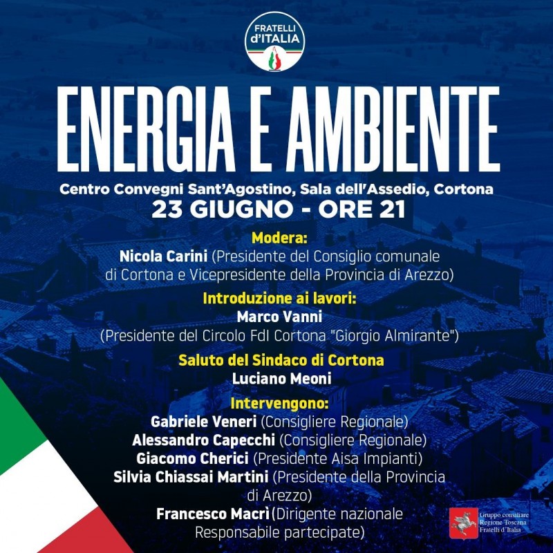 Convegno Energia e Ambiente il 23 giugno ore 21.00 a Cortona