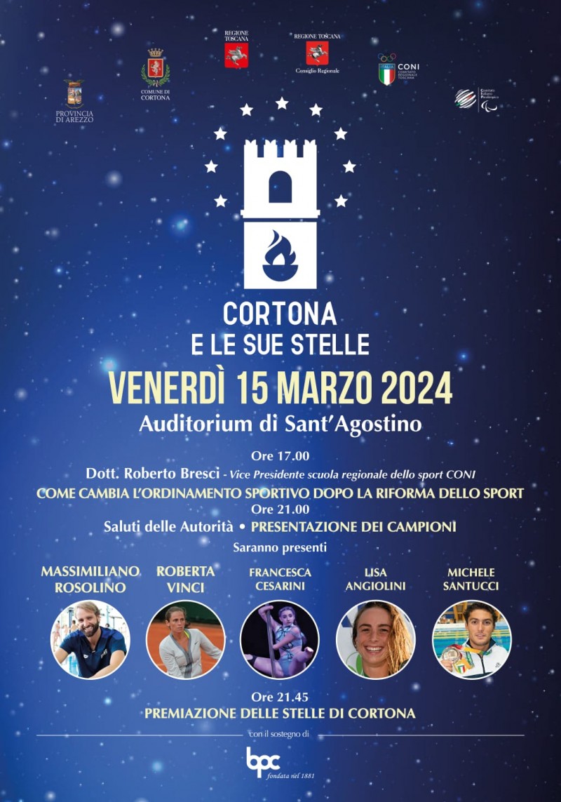 Il 15 marzo "Cortona e le sue stelle". Tra gli ospiti Rosolino e Vinci