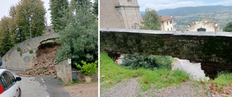 Piccolo crollo del muraglione di accesso alle scuole di Cortona