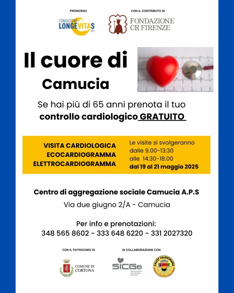 Salute cardiaca, a Camucia tre giorni di prevenzione con Fondazio-ne Longevitas