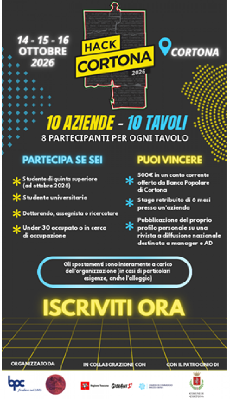 Hackcortona 2026: dieci sfide reali per far leva sull’imprenditorialità