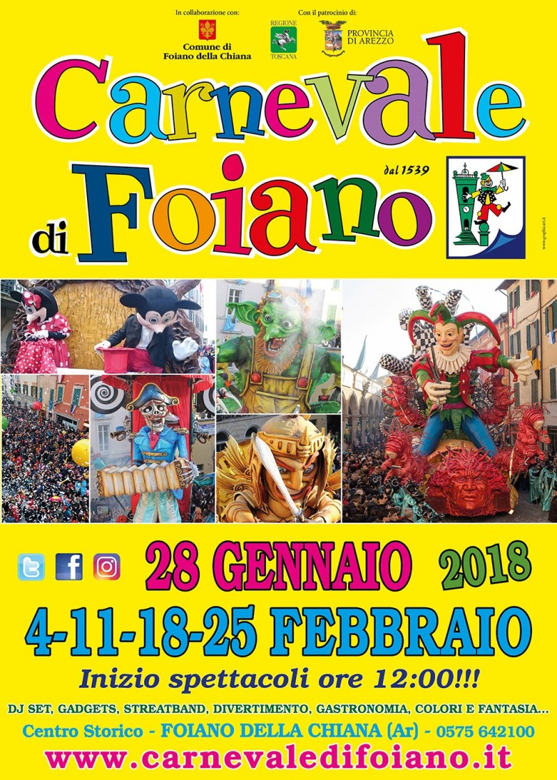 Dal 28 gennaio al 25 febbraio torna il Carnevale di Foiano della Chiana, è la 479 esima edizione