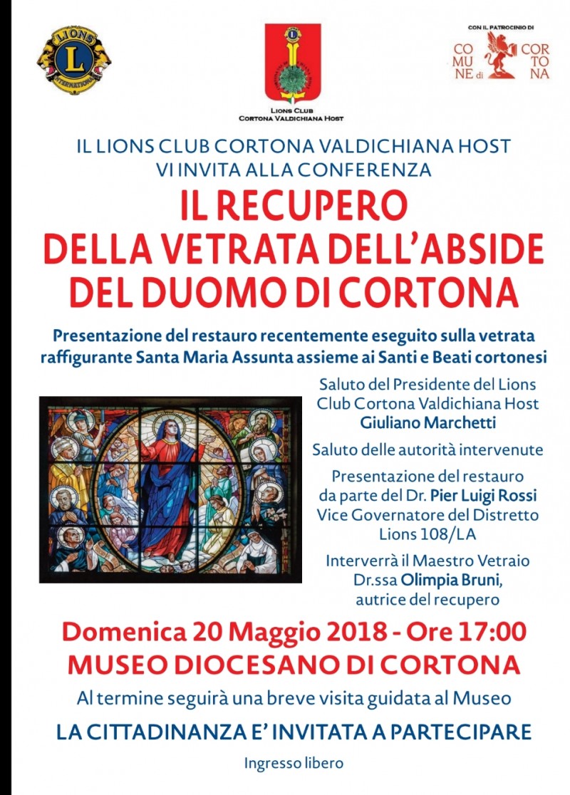 Il Lions Club Cortona Valdichiana Host  inaugura il restauro della vetrata absidale del Duomo di Cortona