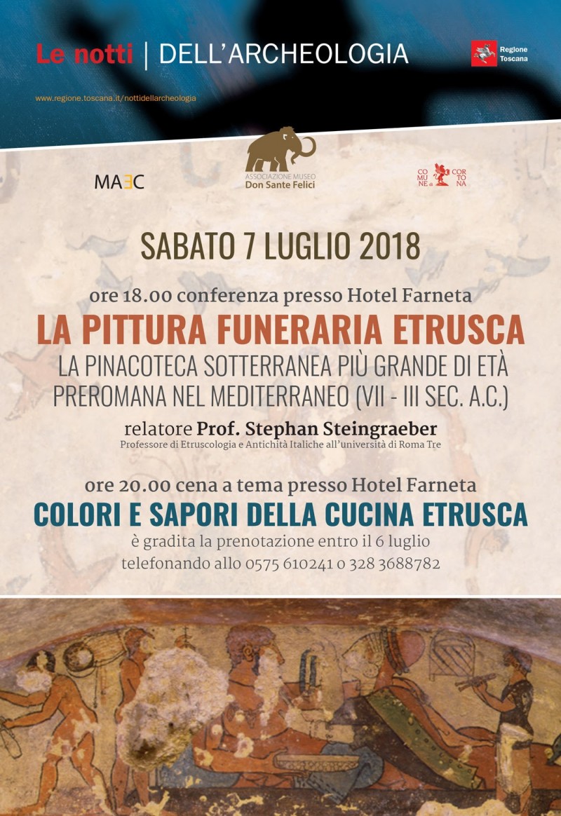 Notti dell’Archeologia 2018  Sabato 7 luglio a Farneta di Cortona  conferenza su Pittura Funeraria Etrusca con cena in tema etrusco