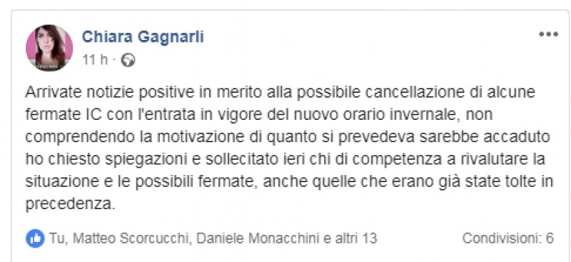 L' onorevole Chiara Gagnarli conferma che Terontola non perderà i treni Intercity
