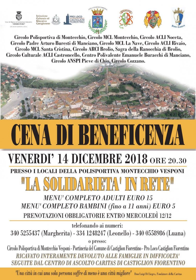 “Cena di Beneficenza” pro Caritas.  Venerdì 14 dicembre ore 20.30 Polisportiva Montecchio Vesponi