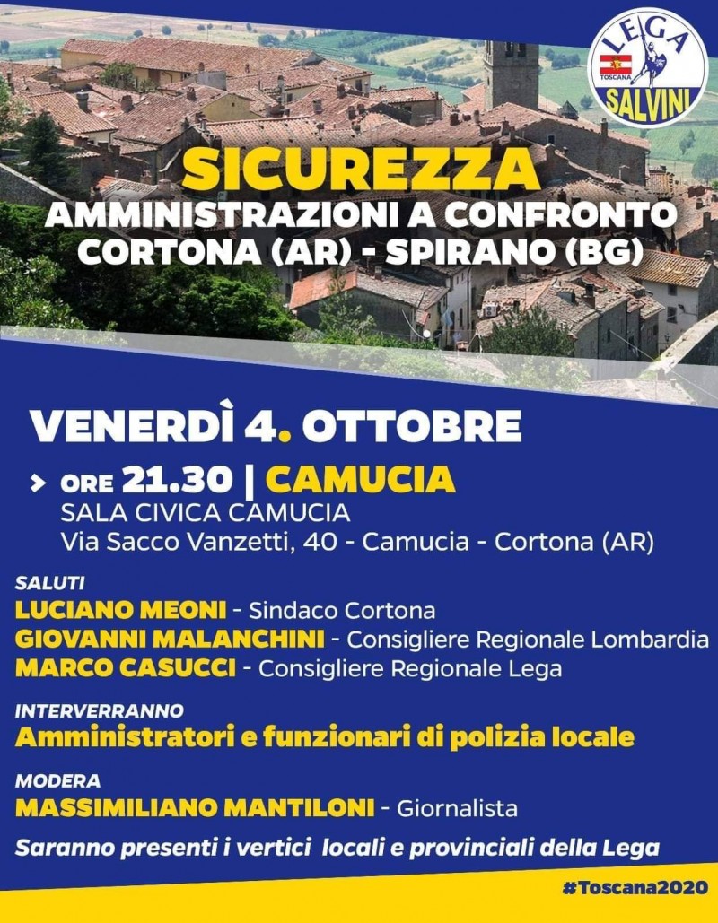 Lega Cortona presenta convegno "Sicurezza, amministrazioni a confronto: Cortona– Spirano"